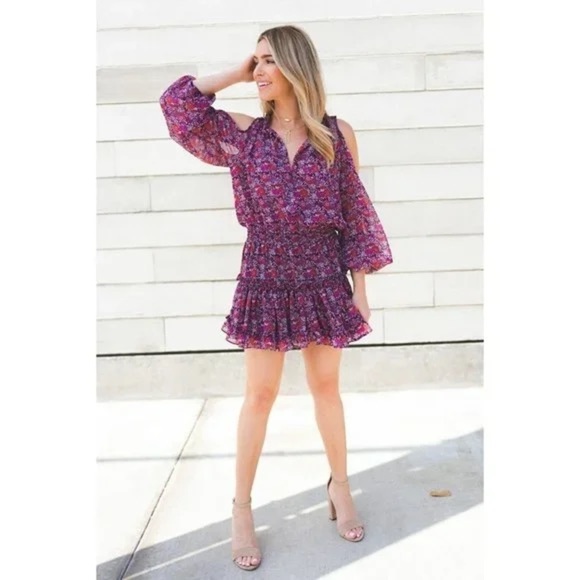 MISA Yesenia Purple Floral Chiffon Ruffle Cold Shoulder Mini Dress - Picture 2 of 7